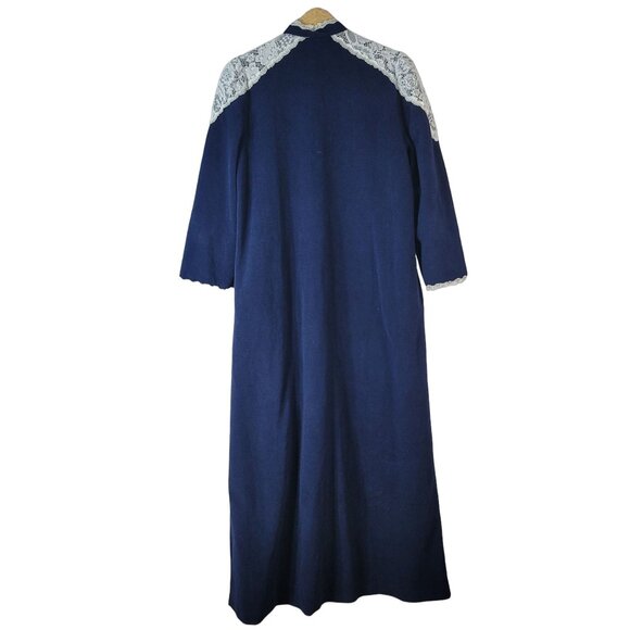 Beth Michaels Velour Robe Blue Medium Lace Long Sleeve Zip Pockets Granny VTG - Picture 6 of 11